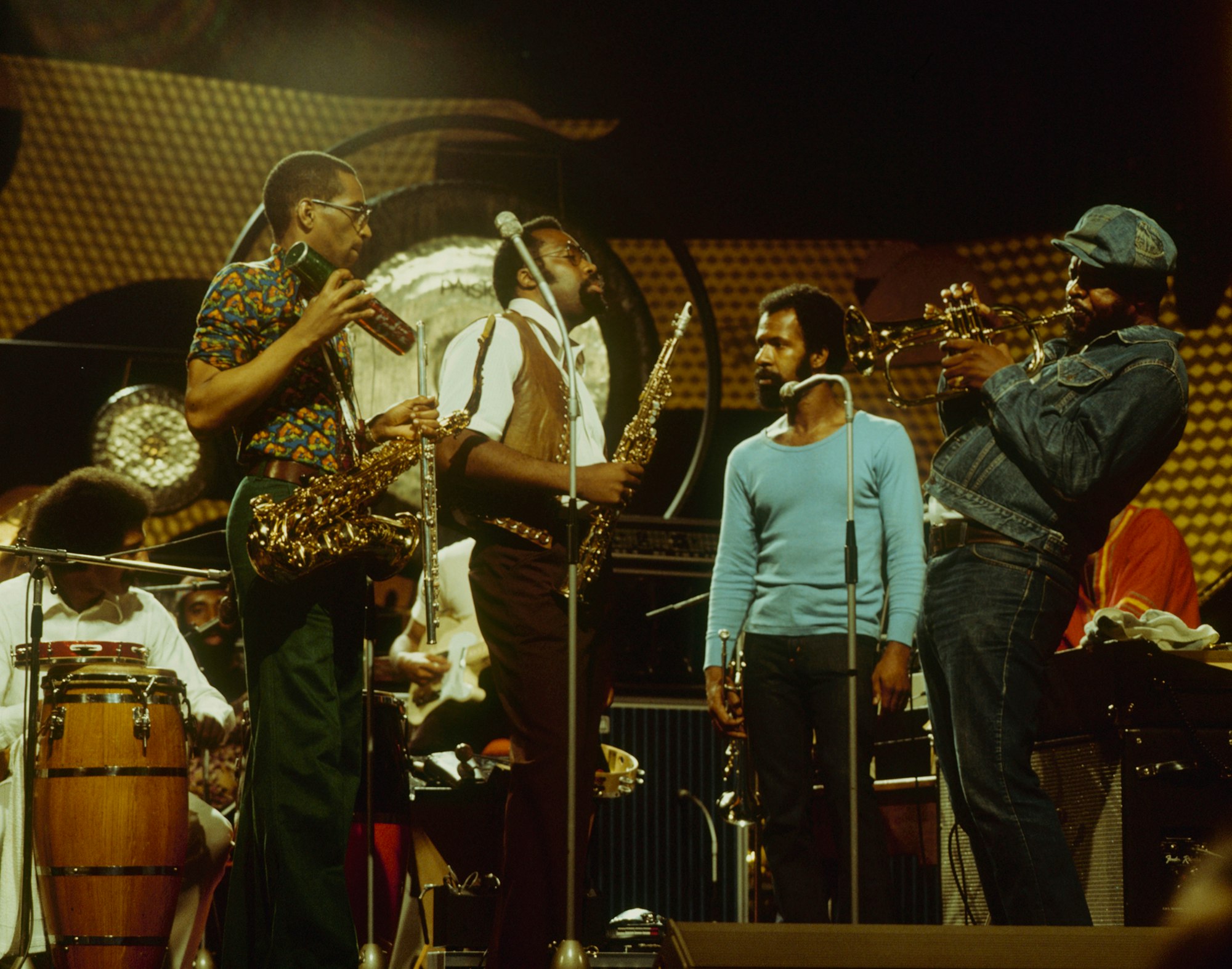 Donald Byrd (right) performs with Alan Barnes, Nathan Davis, and Fonce Mizell at the Montreux Jazz Festival, July 05, 1973. Photo by David Warner Ellis/Redferns.